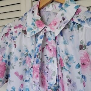 Vintage Floral Tie Collar Button Down Blouse, Pink Blue